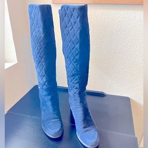 Stuart Weitzman quilted navy blue suede knee-high boots